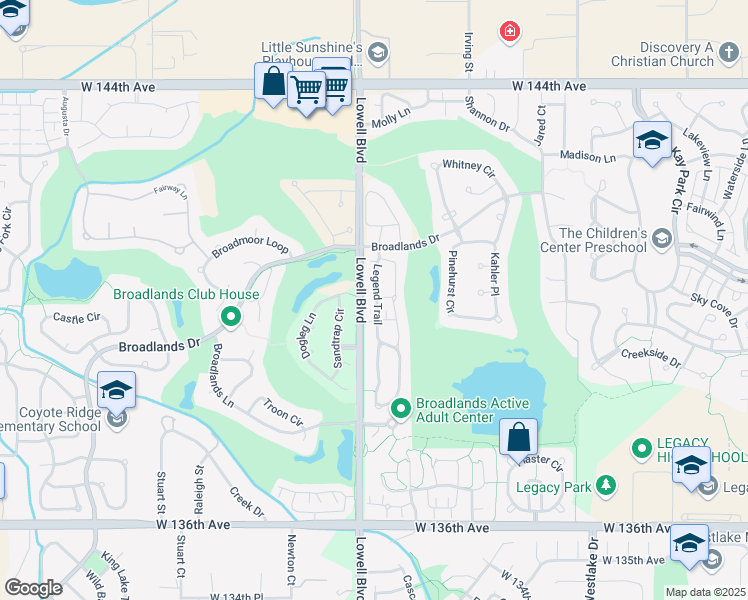 map of restaurants, bars, coffee shops, grocery stores, and more near 14065 Dogleg Lane in Broomfield