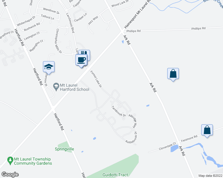 map of restaurants, bars, coffee shops, grocery stores, and more near 207A Harwood Court in Mount Laurel