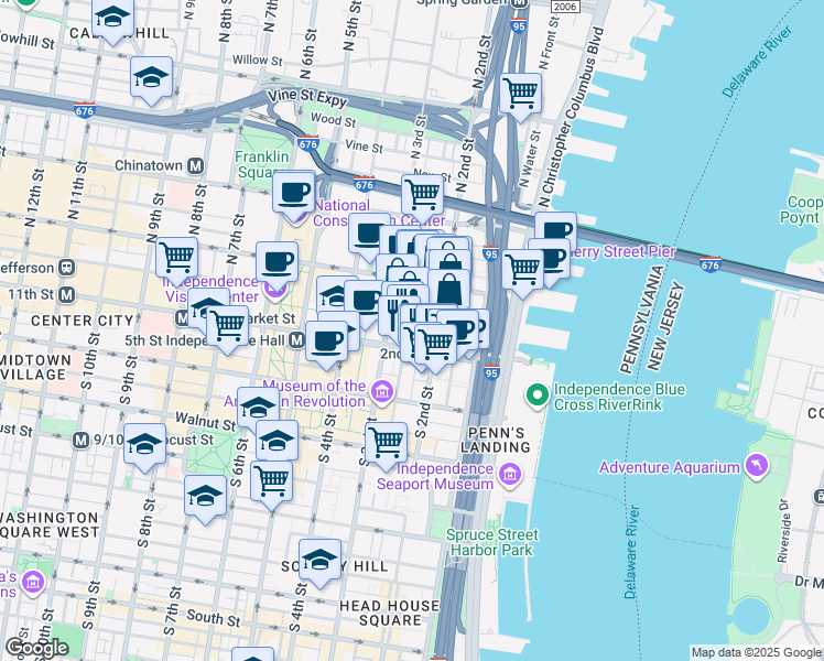 map of restaurants, bars, coffee shops, grocery stores, and more near 51 North 3rd Street in Philadelphia