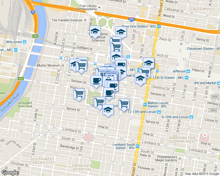 map of restaurants, bars, coffee shops, grocery stores, and more near 1729 Sansom Street in Philadelphia