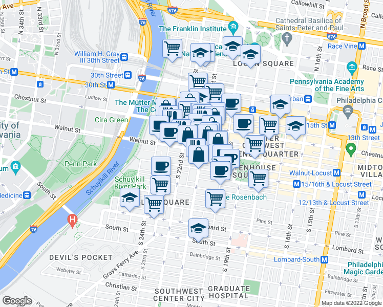 map of restaurants, bars, coffee shops, grocery stores, and more near in Philadelphia
