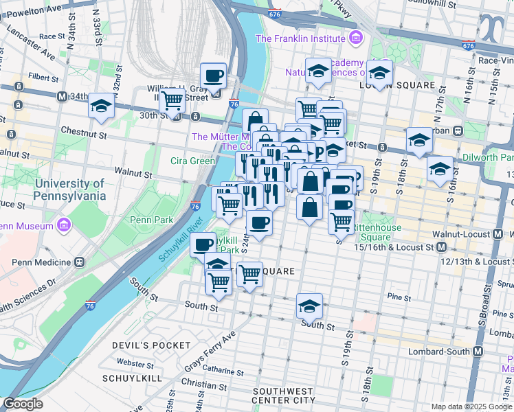 map of restaurants, bars, coffee shops, grocery stores, and more near 2400 Walnut Street in Philadelphia