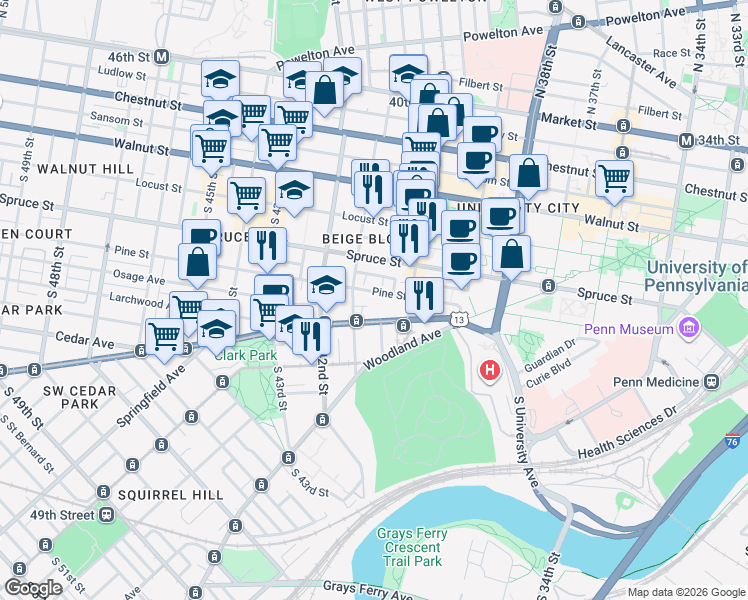 map of restaurants, bars, coffee shops, grocery stores, and more near 319 South 41st Street in Philadelphia