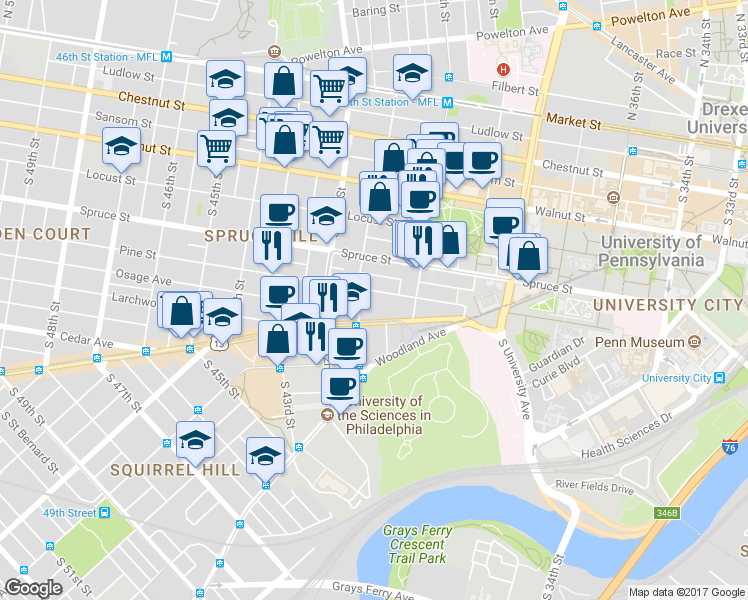 map of restaurants, bars, coffee shops, grocery stores, and more near 319 South 41st Street in Philadelphia