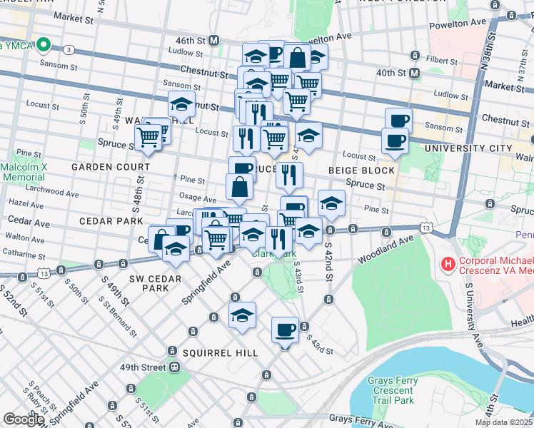 map of restaurants, bars, coffee shops, grocery stores, and more near 4428 Pine Street in Philadelphia