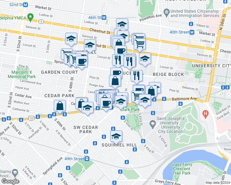 map of restaurants, bars, coffee shops, grocery stores, and more near 416 South 45th Street in Philadelphia