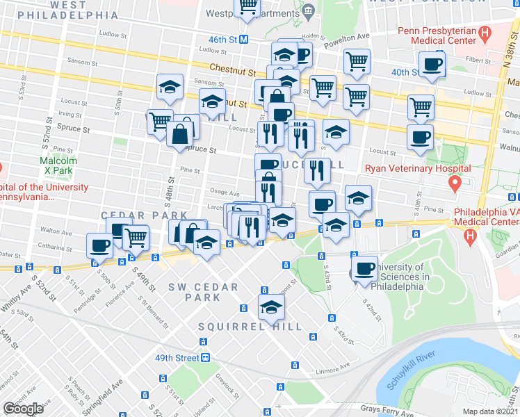 map of restaurants, bars, coffee shops, grocery stores, and more near 416 South 45th Street in Philadelphia