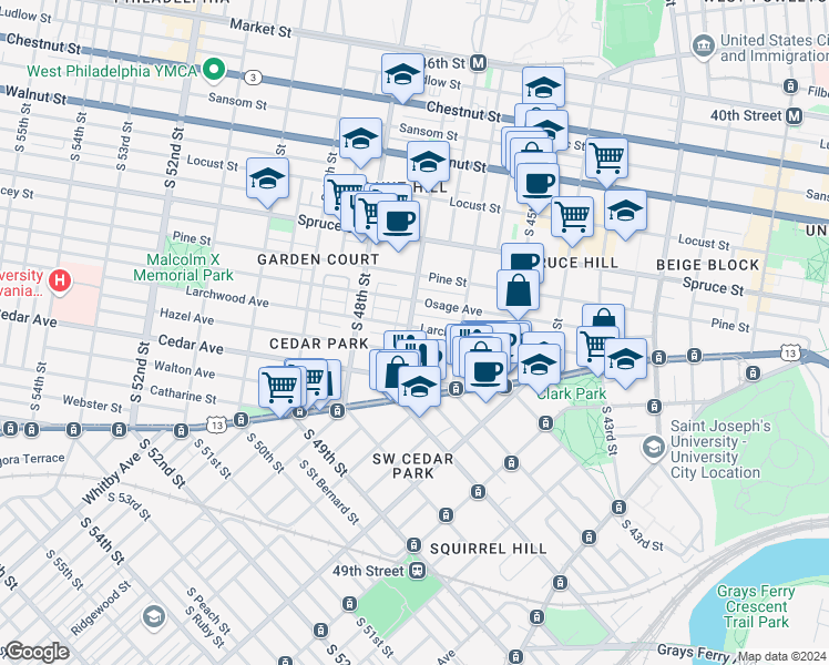 map of restaurants, bars, coffee shops, grocery stores, and more near 4625 Larchwood Avenue in Philadelphia