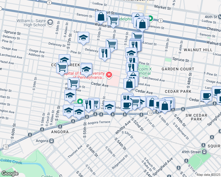 map of restaurants, bars, coffee shops, grocery stores, and more near 5324 Cedar Avenue in Philadelphia