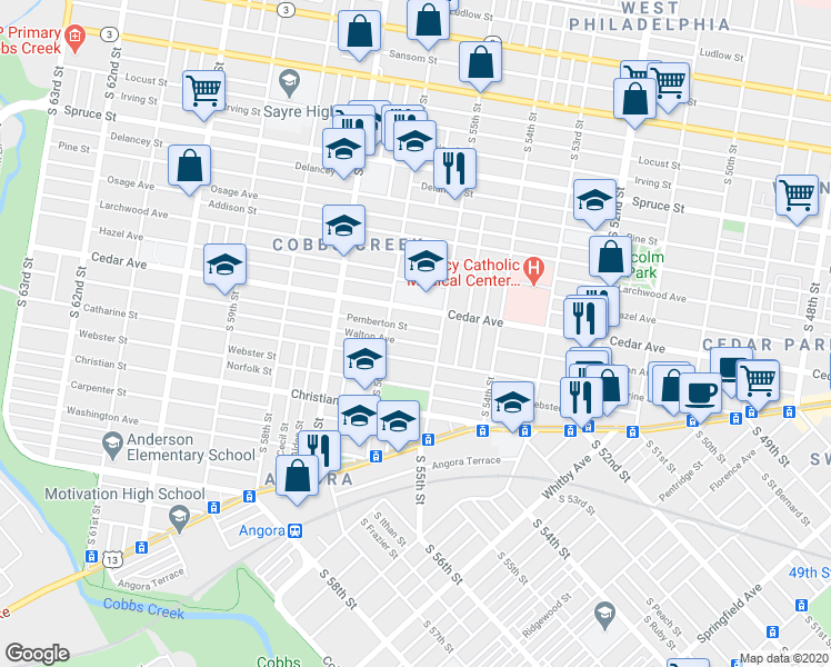 map of restaurants, bars, coffee shops, grocery stores, and more near 5535 Pemberton Street in Philadelphia