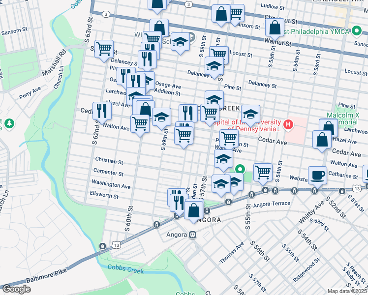map of restaurants, bars, coffee shops, grocery stores, and more near 5834 Walton Avenue in Philadelphia