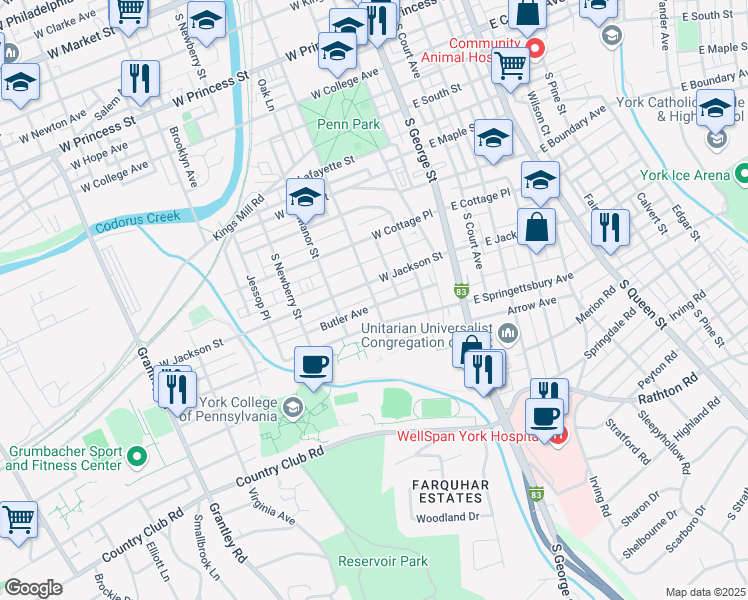 map of restaurants, bars, coffee shops, grocery stores, and more near 200 West Jackson Street in York