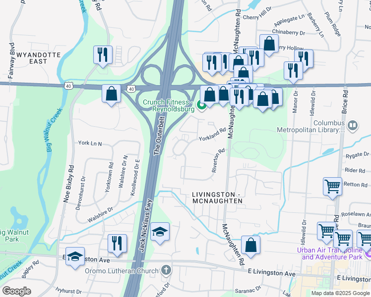 map of restaurants, bars, coffee shops, grocery stores, and more near 1362 Yorkland Road in Columbus