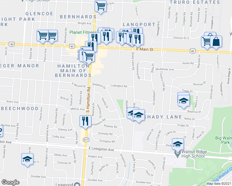 map of restaurants, bars, coffee shops, grocery stores, and more near 4627 Ludington Road in Columbus