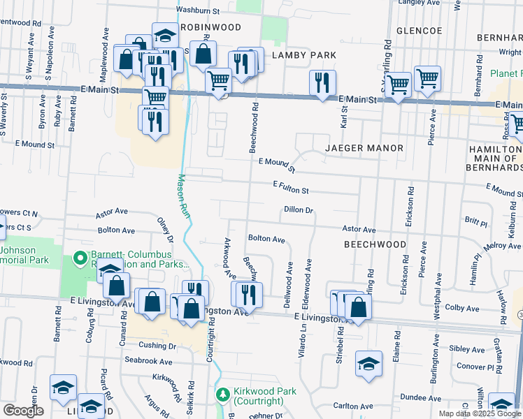 map of restaurants, bars, coffee shops, grocery stores, and more near 1076 Beechwood Road in Columbus