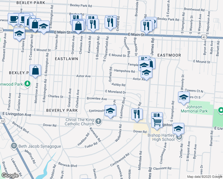 map of restaurants, bars, coffee shops, grocery stores, and more near 950 South Chesterfield Road in Columbus