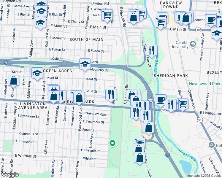 map of restaurants, bars, coffee shops, grocery stores, and more near 1793 Kent Street in Columbus