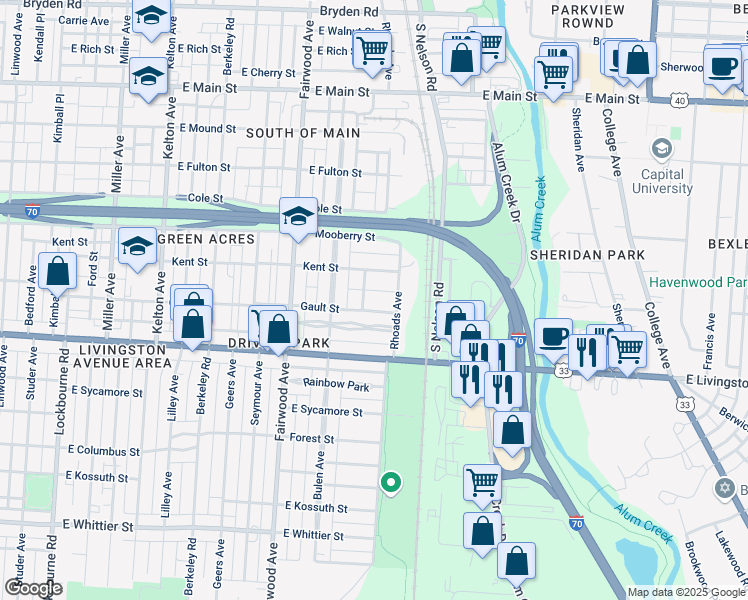 map of restaurants, bars, coffee shops, grocery stores, and more near 1793 Kent Street in Columbus