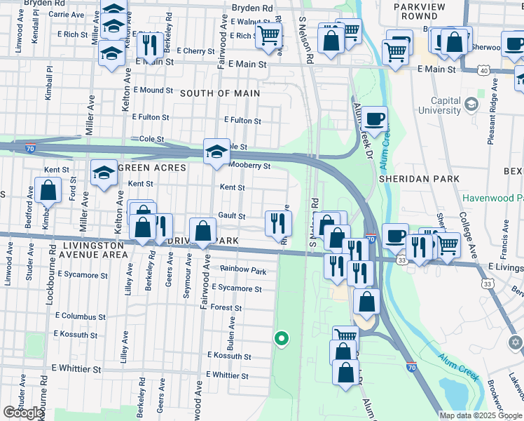 map of restaurants, bars, coffee shops, grocery stores, and more near 1793 Kent Street in Columbus