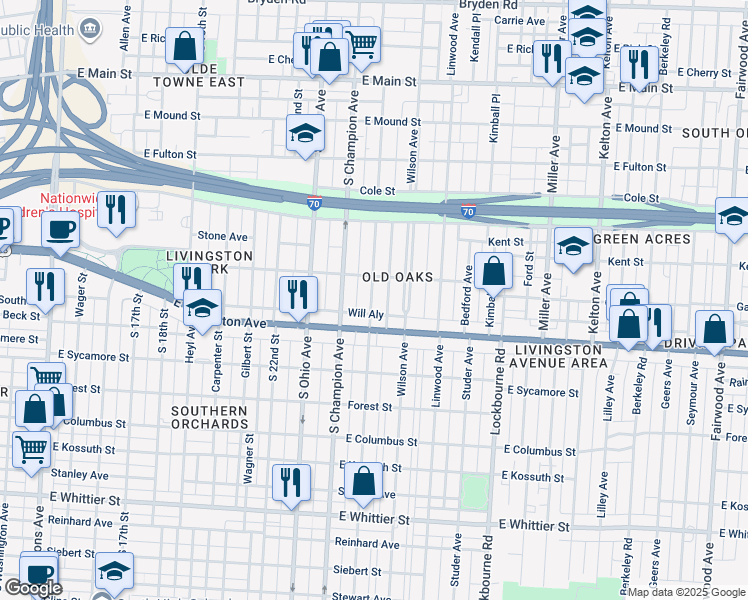 map of restaurants, bars, coffee shops, grocery stores, and more near in Columbus