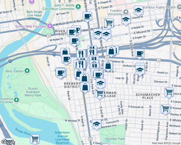 map of restaurants, bars, coffee shops, grocery stores, and more near 556 City Park Avenue in Columbus