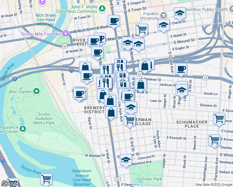 map of restaurants, bars, coffee shops, grocery stores, and more near 556 City Park Avenue in Columbus