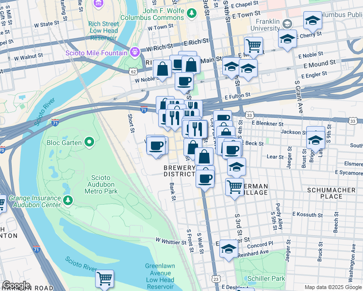 map of restaurants, bars, coffee shops, grocery stores, and more near 533 South Wall Street in Columbus