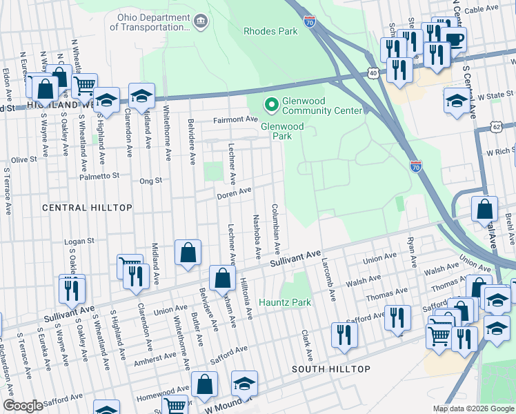 map of restaurants, bars, coffee shops, grocery stores, and more near 247 Columbian Avenue in Columbus