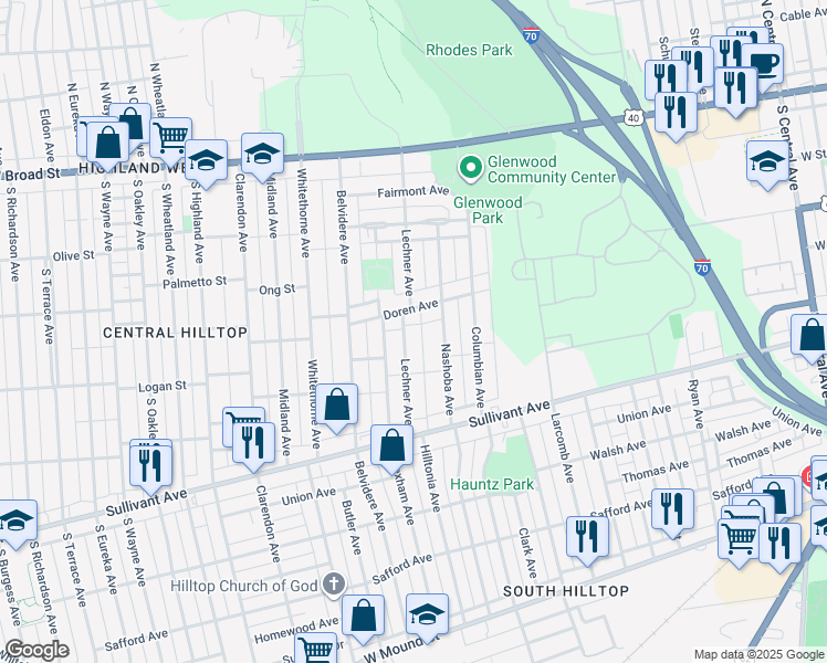 map of restaurants, bars, coffee shops, grocery stores, and more near 1951 Doren Avenue in Columbus