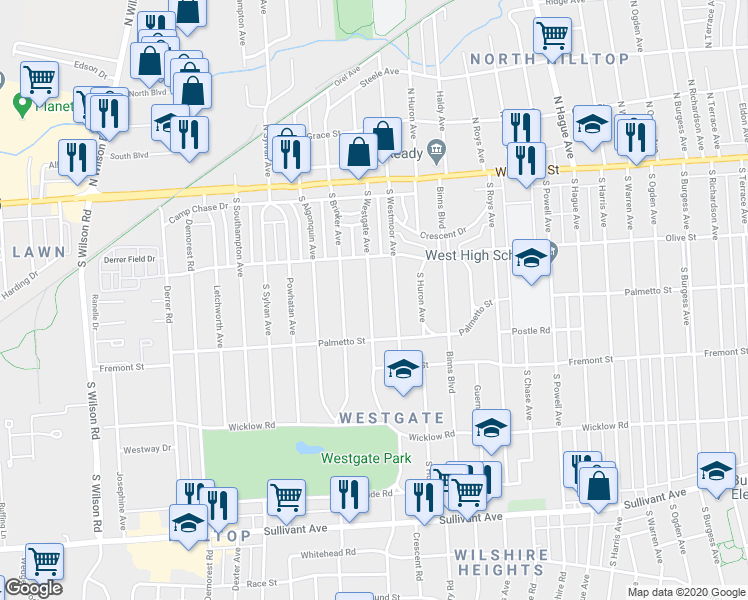 map of restaurants, bars, coffee shops, grocery stores, and more near 165 South Westmoor Avenue in Columbus