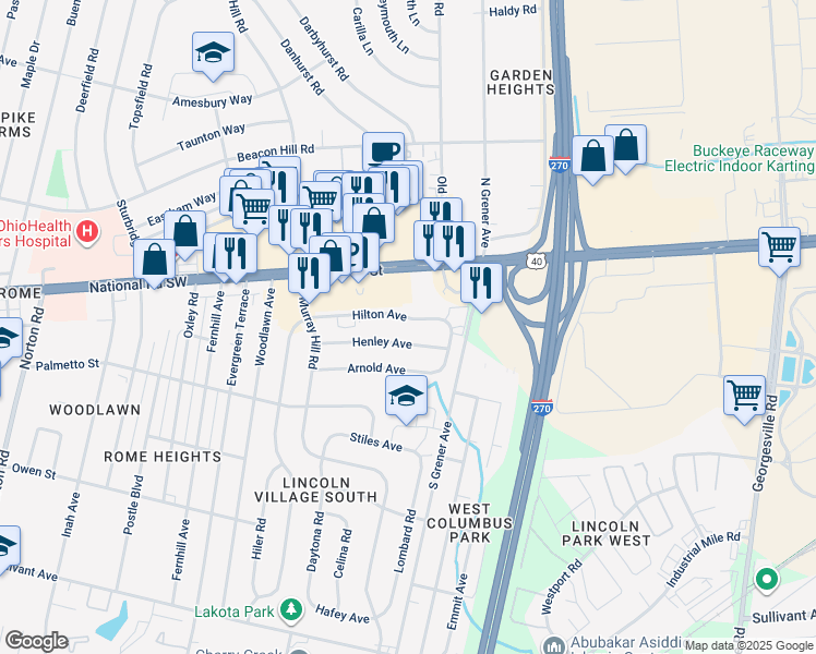 map of restaurants, bars, coffee shops, grocery stores, and more near 4660 Hilton Avenue in Columbus