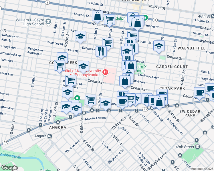 map of restaurants, bars, coffee shops, grocery stores, and more near 5334 Cedar Avenue in Philadelphia