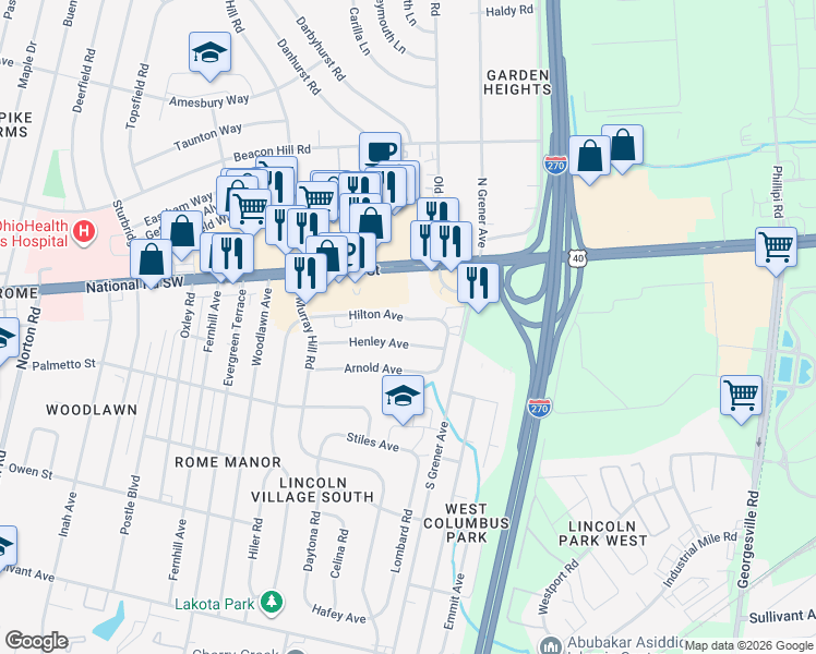 map of restaurants, bars, coffee shops, grocery stores, and more near 4651 Hilton Avenue in Columbus