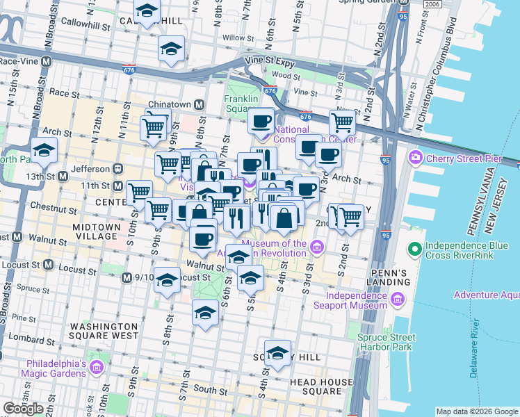 map of restaurants, bars, coffee shops, grocery stores, and more near 526 Market St in Philadelphia