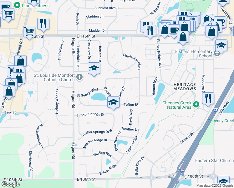 map of restaurants, bars, coffee shops, grocery stores, and more near 11228 Ashley Place in Fishers