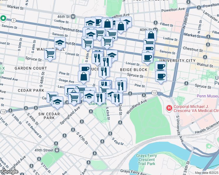 map of restaurants, bars, coffee shops, grocery stores, and more near 4237 Osage Avenue in Philadelphia