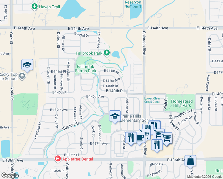 map of restaurants, bars, coffee shops, grocery stores, and more near 3576 East 140th Drive in Thornton