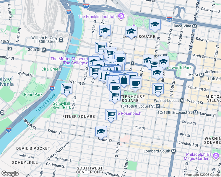 map of restaurants, bars, coffee shops, grocery stores, and more near 2005 Walnut Street in Philadelphia