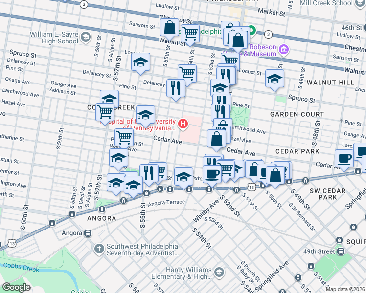 map of restaurants, bars, coffee shops, grocery stores, and more near 5324 Cedar Avenue in Philadelphia