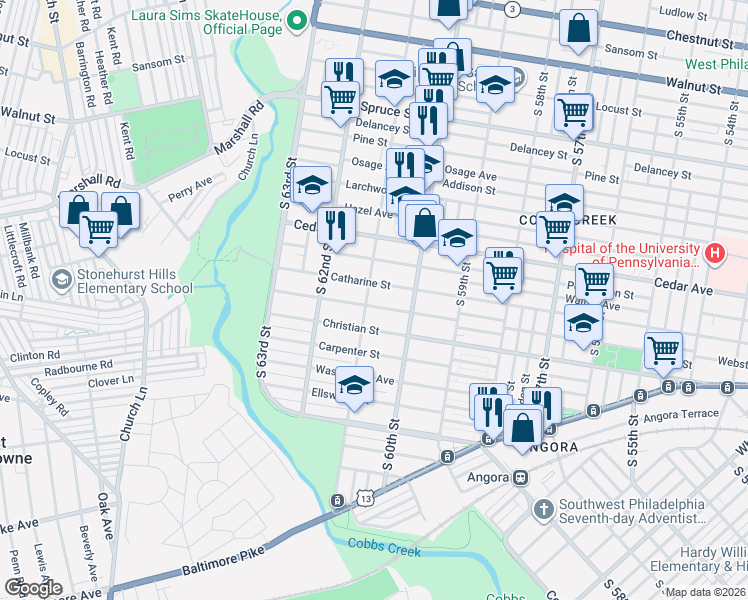 map of restaurants, bars, coffee shops, grocery stores, and more near 6042 Catharine Street in Philadelphia