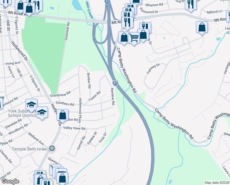 map of restaurants, bars, coffee shops, grocery stores, and more near 1590 Randow Road in York