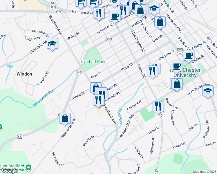 map of restaurants, bars, coffee shops, grocery stores, and more near 525 Sharpless Street in West Chester