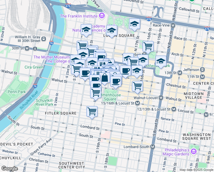 map of restaurants, bars, coffee shops, grocery stores, and more near 1901 Walnut Street in Philadelphia