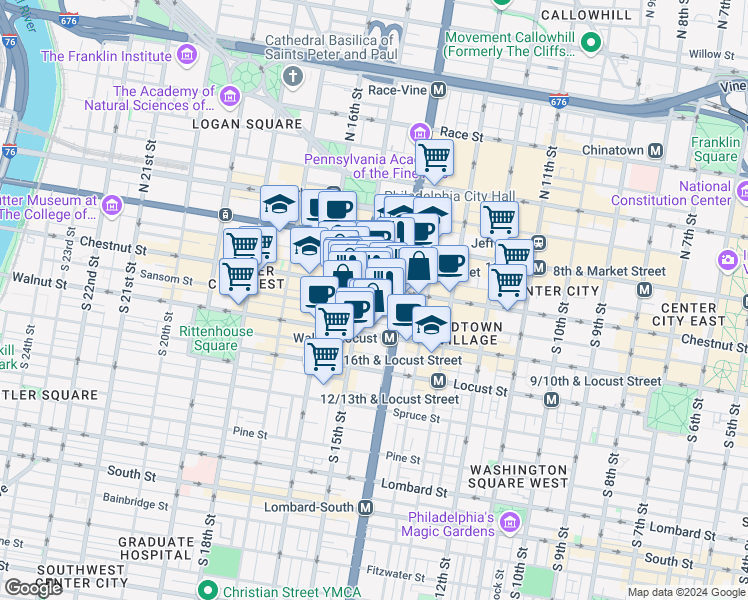 map of restaurants, bars, coffee shops, grocery stores, and more near 1600-2 Chestnut Street in Philadelphia