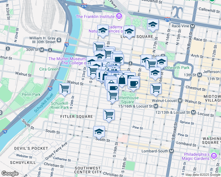 map of restaurants, bars, coffee shops, grocery stores, and more near 2005 Walnut Street in Philadelphia