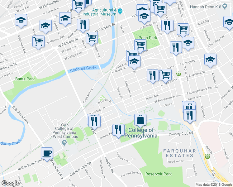 map of restaurants, bars, coffee shops, grocery stores, and more near 708 Jessop Place in York