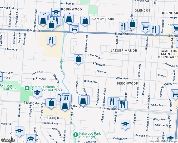 map of restaurants, bars, coffee shops, grocery stores, and more near 1076 Beechwood Road in Columbus