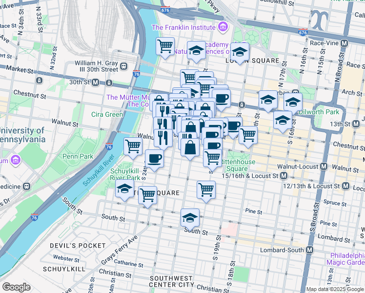 map of restaurants, bars, coffee shops, grocery stores, and more near 2116 Walnut Street in Philadelphia