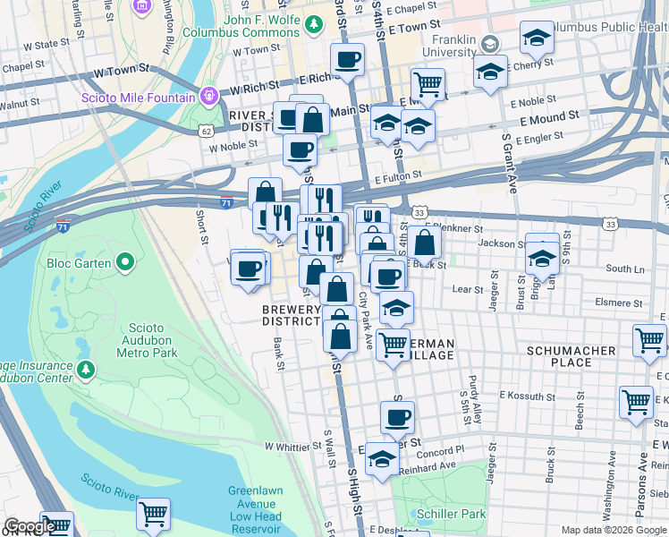 map of restaurants, bars, coffee shops, grocery stores, and more near 18a East Beck Street in Columbus