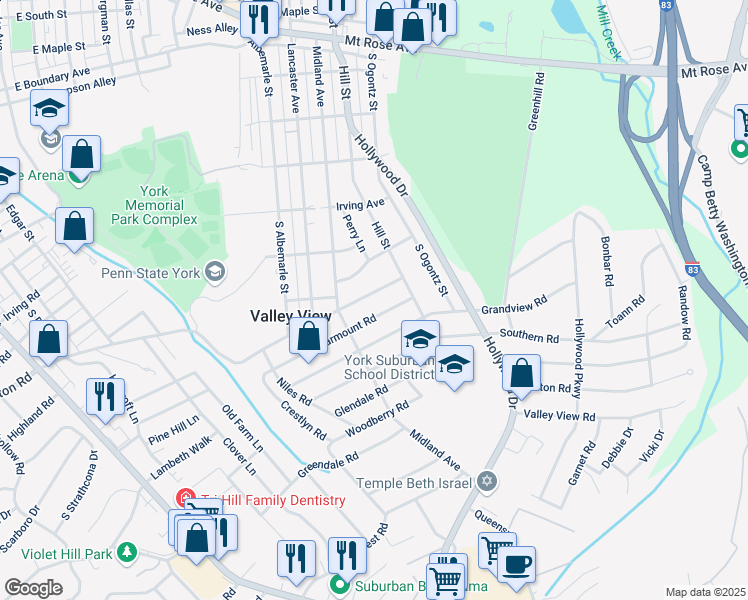 map of restaurants, bars, coffee shops, grocery stores, and more near 820 Rathton Road in York